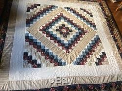 Vintage Hand Made Quilt in Beige, Maroon, Light Blue! Dark Blue And White