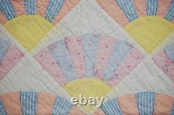 Vintage Hand Made & Quilted Yellow, Pink & Pastel Fan quilt 1950's