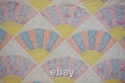 Vintage Hand Made & Quilted Yellow, Pink & Pastel Fan quilt 1950's