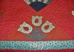 Vintage Hand Made & Signed Amish Quilt Grandmothers Fan & Flowers 84X72