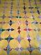 Vintage Hand Made Stitched 4 Point Star Quilt Feedsack 66 X 83 Yellow Pink