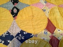 Vintage Hand Made Stitched 4 Point Star Quilt Feedsack 66 x 83 Yellow Pink