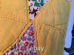 Vintage Hand Made Stitched 4 Point Star Quilt Feedsack 66 x 83 Yellow Pink