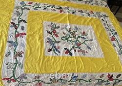 Vintage Hand Made Stitched Applique Floral Leaves Quilt 88 X 82 Yellow White