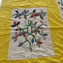 Vintage Hand Made Stitched Applique Floral Leaves Quilt 88 X 82 Yellow White