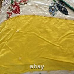 Vintage Hand Made Stitched Applique Floral Leaves Quilt 88 X 82 Yellow White