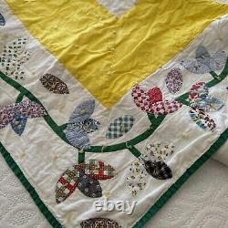 Vintage Hand Made Stitched Applique Floral Leaves Quilt 88 X 82 Yellow White