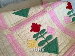 Vintage Hand Made Stitched Quilt Flower Pot Applique 62 x 79 Gorgeous