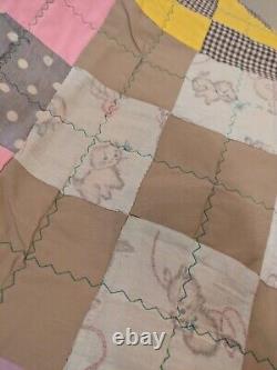 Vintage Hand Patchwork Quilt Scrap Material Feed Sack, 50s, 60s Material