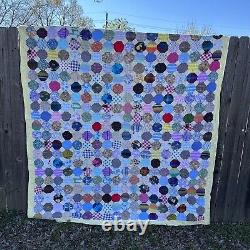 Vintage Hand Pieced Snowball Quilt Hand Sewn Multicolor Floral 82 X 72 Flaws