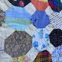 Vintage Hand Pieced Snowball Quilt Hand Sewn Multicolor Floral 82 X 72 Flaws