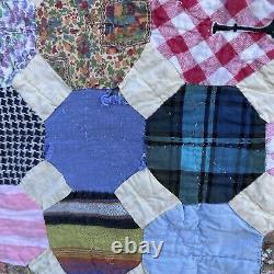 Vintage Hand Pieced Snowball Quilt Hand Sewn Multicolor Floral 82 X 72 Flaws