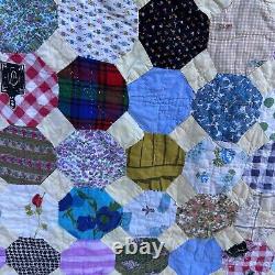 Vintage Hand Pieced Snowball Quilt Hand Sewn Multicolor Floral 82 X 72 Flaws