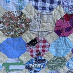 Vintage Hand Pieced Snowball Quilt Hand Sewn Multicolor Floral 82 X 72 Flaws