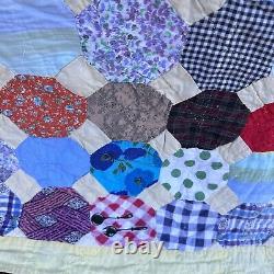 Vintage Hand Pieced Snowball Quilt Hand Sewn Multicolor Floral 82 X 72 Flaws