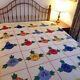 Vintage Hand Quilted Appliqued & Embroidered Pansy Flowers Quilt Crisp & Unused