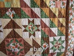 Vintage Hand Quilted Fall Quilt, 84 X 92, Sampler Patchwork, No Stains, No Holes