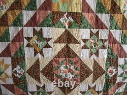 Vintage Hand Quilted Fall Quilt, 84 X 92, Sampler Patchwork, No Stains, No Holes