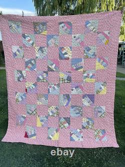 Vintage Hand Quilted Feedsack Fabric Blanket Stitched String Or Strip Quilt