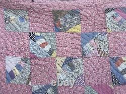 Vintage Hand Quilted Feedsack Fabric Blanket Stitched String Or Strip Quilt