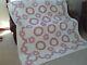 Vintage Hand Quilted Handmade Cross Stitched Quilt Mauve & White Daisy Wreath
