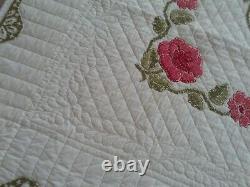 Vintage Hand Quilted Handmade Cross Stitched Rose Quilt 78 x 92