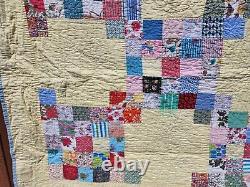 Vintage Hand Quilted Irish Chain Quilt, Yellow Vibrant Great Prints