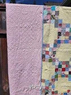 Vintage Hand Quilted Irish Chain Quilt, Yellow Vibrant Great Prints