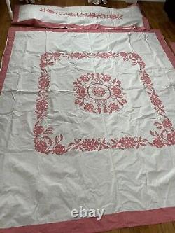 Vintage Hand Quilted Pink & White Hawaiian Applique Quilt Summer Topper 3 Pc