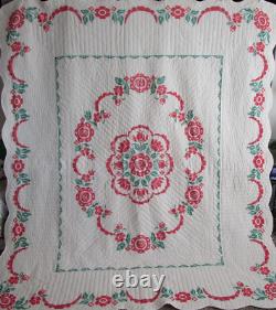 Vintage Hand Quilted Quilt Embroidered, 80 X 92, RED, GREEN FLORAL, NICE