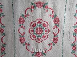 Vintage Hand Quilted Quilt Embroidered, 80 X 92, RED, GREEN FLORAL, NICE