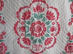 Vintage Hand Quilted Quilt Embroidered, 80 X 92, RED, GREEN FLORAL, NICE