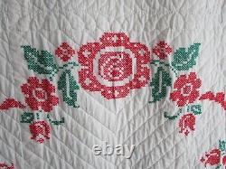 Vintage Hand Quilted Quilt Embroidered, 80 X 92, RED, GREEN FLORAL, NICE