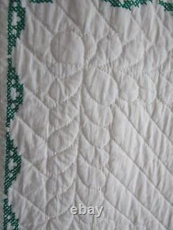 Vintage Hand Quilted Quilt Embroidered, 80 X 92, RED, GREEN FLORAL, NICE