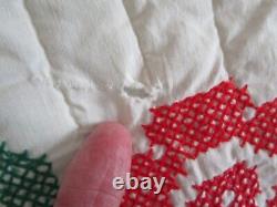 Vintage Hand Quilted Quilt Embroidered, 80 X 92, RED, GREEN FLORAL, NICE