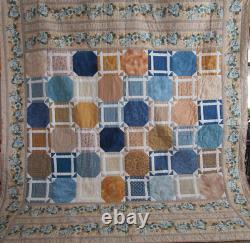 Vintage Hand Quilted Quilt, Patchwork, Large 94 X 94, Blue, Floral, Excellent