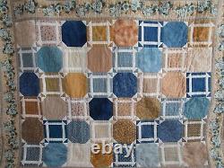 Vintage Hand Quilted Quilt, Patchwork, Large 94 X 94, Blue, Floral, Excellent