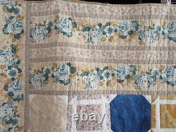 Vintage Hand Quilted Quilt, Patchwork, Large 94 X 94, Blue, Floral, Excellent