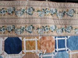 Vintage Hand Quilted Quilt, Patchwork, Large 94 X 94, Blue, Floral, Excellent