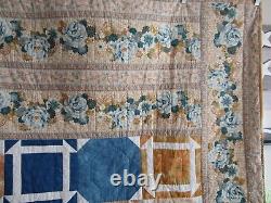 Vintage Hand Quilted Quilt, Patchwork, Large 94 X 94, Blue, Floral, Excellent