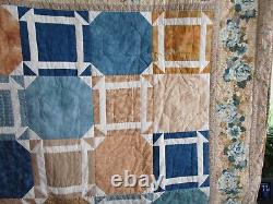 Vintage Hand Quilted Quilt, Patchwork, Large 94 X 94, Blue, Floral, Excellent