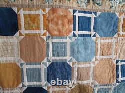 Vintage Hand Quilted Quilt, Patchwork, Large 94 X 94, Blue, Floral, Excellent