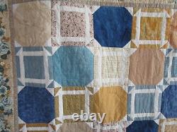 Vintage Hand Quilted Quilt, Patchwork, Large 94 X 94, Blue, Floral, Excellent