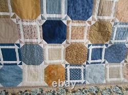 Vintage Hand Quilted Quilt, Patchwork, Large 94 X 94, Blue, Floral, Excellent