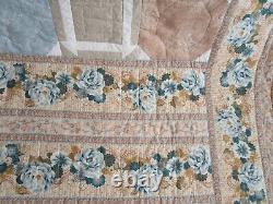 Vintage Hand Quilted Quilt, Patchwork, Large 94 X 94, Blue, Floral, Excellent