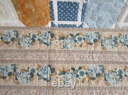 Vintage Hand Quilted Quilt, Patchwork, Large 94 X 94, Blue, Floral, Excellent