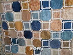 Vintage Hand Quilted Quilt, Patchwork, Large 94 X 94, Blue, Floral, Excellent