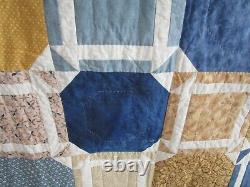 Vintage Hand Quilted Quilt, Patchwork, Large 94 X 94, Blue, Floral, Excellent