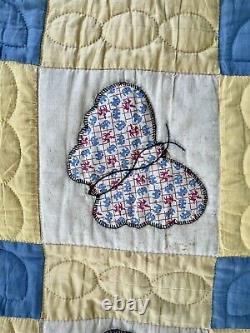 Vintage Hand Quilted Yellow And Blue Butterfly Quilt 66x78