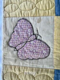 Vintage Hand Quilted Yellow And Blue Butterfly Quilt 66x78